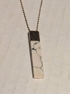 Oliver Bonas Silverplated Howlite Facet White Bar Rectangle Pendant on Chain 35"